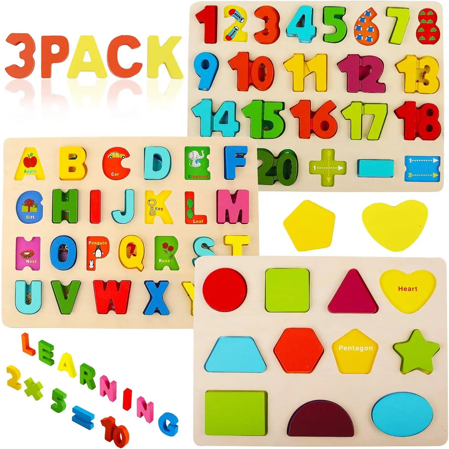 Wooden Puzzles for Toddlers, Alphabet Number Shape Learning Puzzle for Kids Ages 3 4 5, Montessori Toys Preschool Education Chunky Jigsaw for Boys and Girlsfidget toys