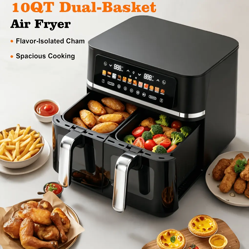 10Qt 12-In-1 Dual Air Fryer, Fresh Balanced Meals for Family And Children with Double Baskets, Sync Cook & End to Bake, Roast, Reheat, Broil for Easy Cooking, Dishwasher Safe - Includes 50pcs Air Fryer Paper Liners