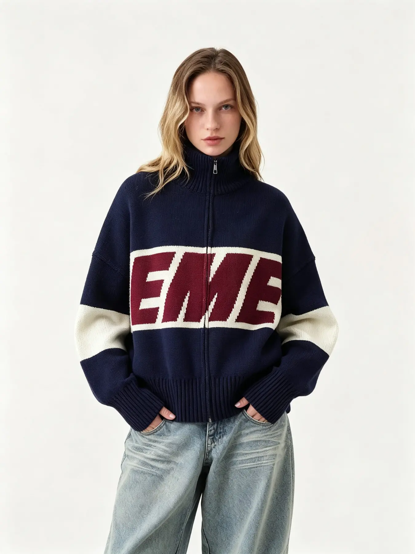 American Vintage Letter Patchwork Zipper Knit Cardigan, Unisex Stand Collar Colorblock Striped Loose Short Sweater Coat, Fall Winter Casual Top