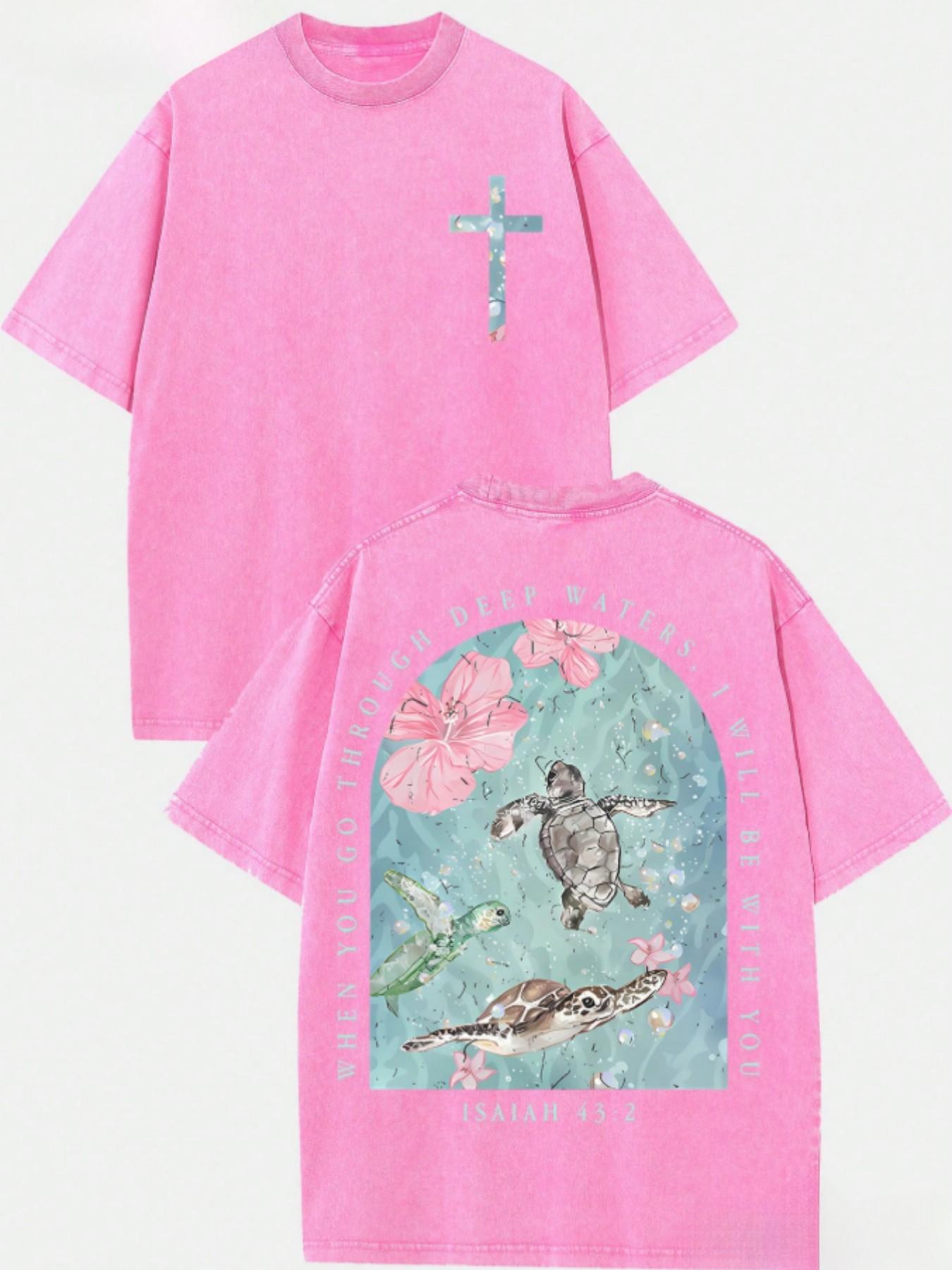 Men's Vintage Washed Pure Cotton T-Shirt - Oversized Streetwear Tee with Sea Turtle & Text Print ("I Will Be with You"), Loose Fit Casual Shirt, Machine Washable Soft Daily Wear