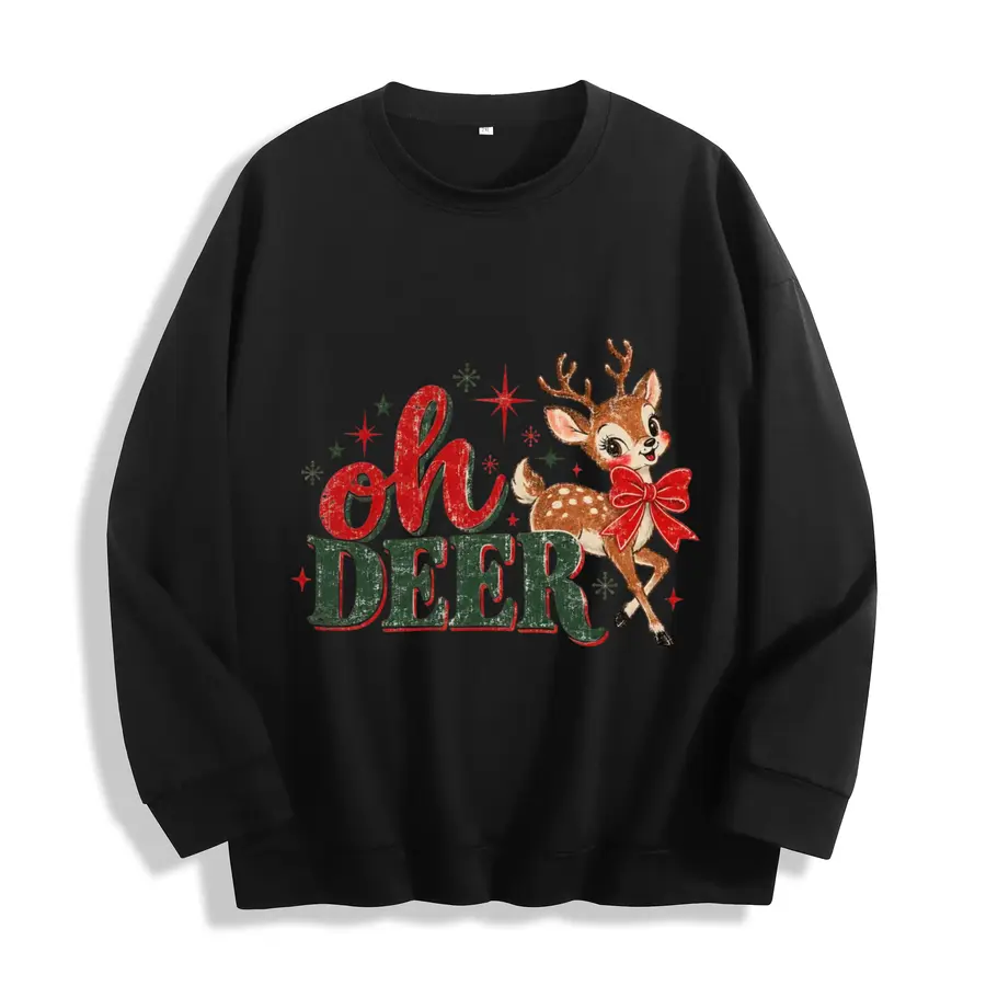 Women Vintage Oh Deer Christmas Crewneck Sweatshirt, Retro Distressed Cute Fawn With Big Red Bow Star Snowflake Graphic, Oversized Long Sleeve Winter Holiday Pullover, Ideal for Christmas Party, Casual Fall Winter Wear & Festive Gift