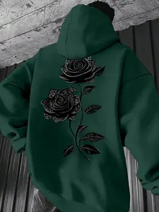 Men's Casual Hooded Sweatshirt, Rose Graphic Print, Fitted Loose Fit, Fall & Winter Wear, Ideal for Daily Use and Outdoor Activities