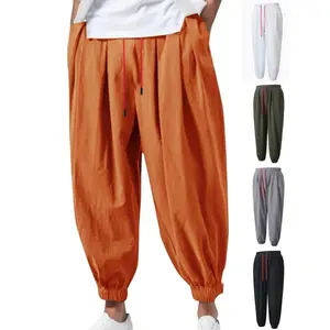 Men's Baggy Linen Harem Pants with Elastic Drawstring Waist, Casual Breathable Quick-Dry Trousers for Summer, Menswear