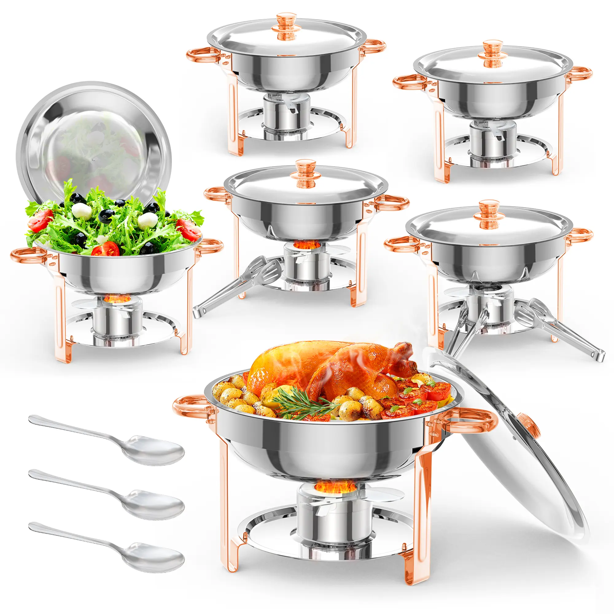 Rose Gold Stainless Steel Chafing Dishes Set of 2, 5 Quart Round Food Warmers with Lid & Lid Holder, Equipped with Serving Spoon and Tweezers, Buffet Chafer for Wedding, Party, Banquet and Catering Events