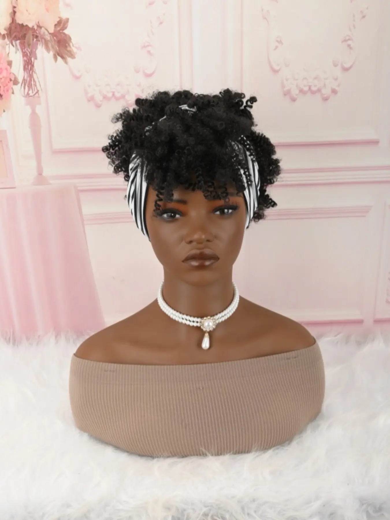 Headband Wigs for Women, Afro Kinky Curly Wig with Bangs, Synthetic Short Hair Wigs, Headband Attached, Kinky Curly Headwrap Wigs
