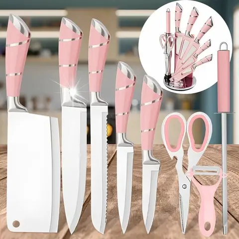 9pcs High Carbon Stainless Steel Kitchen Knives Set - Professional Chef, Bread, Cleaver, Paring, Utility Knives with Sturdy Handles, Thin Blade, Block, Scissors, Sharpener, Peeler - Ultra Sharp, Non-Stick, Multifunctional, German, Cut
