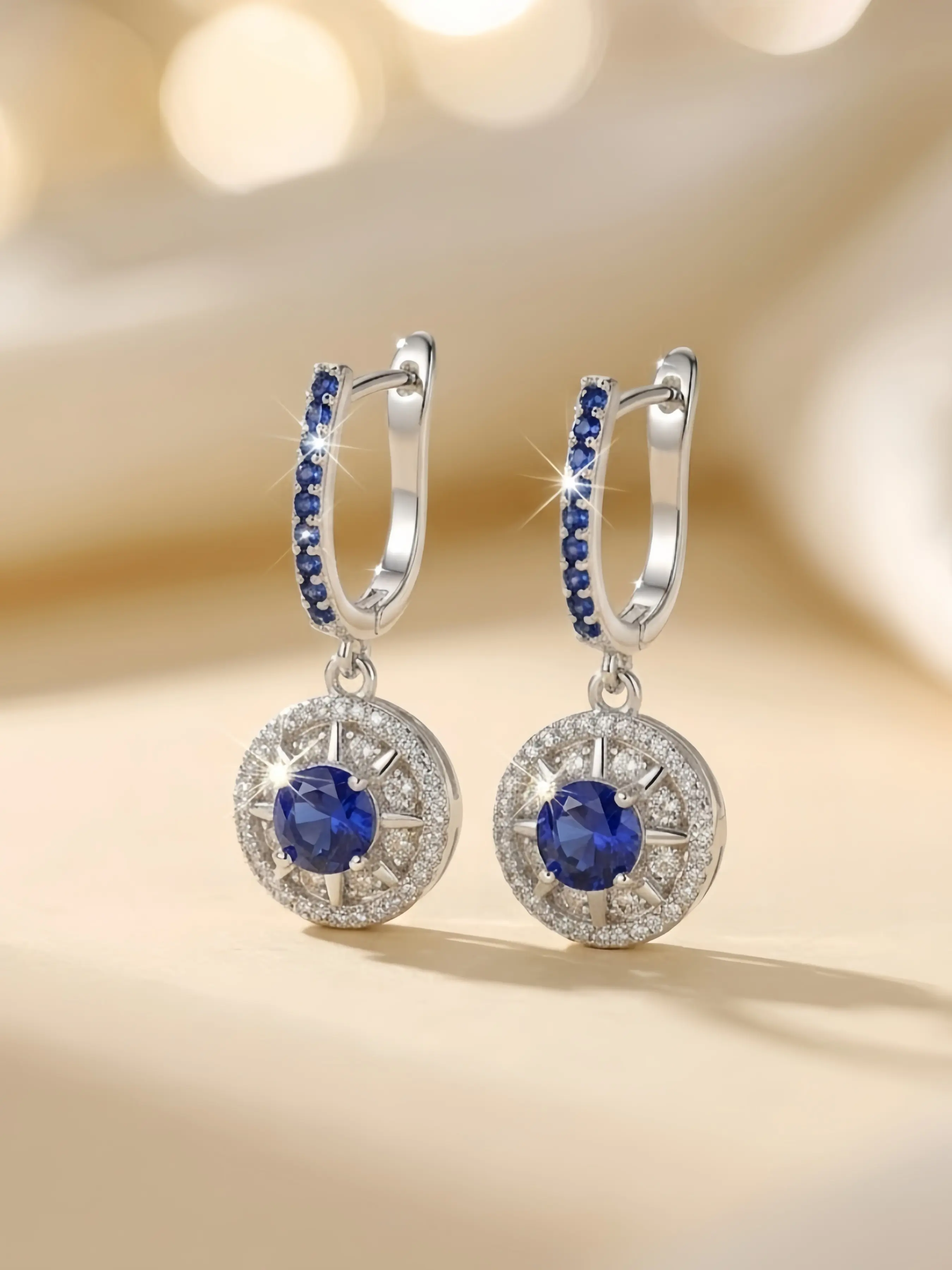 1 Pair Luxury Royal Blue Drop Hoop Earrings for Women, Silver Round Halo Dangling Earrings, Paved Cubic Zirconia Earrings, Trendy All-match Bridal Wedding Anniversary Party Jewelry Gift, Hypoallergenic High Quality Earrings