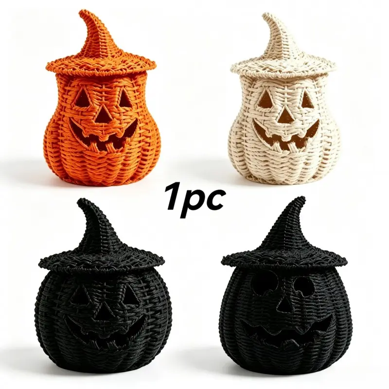 1Pc Halloween Pumpkin Woven Basket Candy Bowl Boho Farmhouse Rustic Spooky Cute Aesthetic Imitation Rattan Wicker Orange Black Witch Hat Lid Hollow Jack O Lantern Home Table Organizer Party Gift