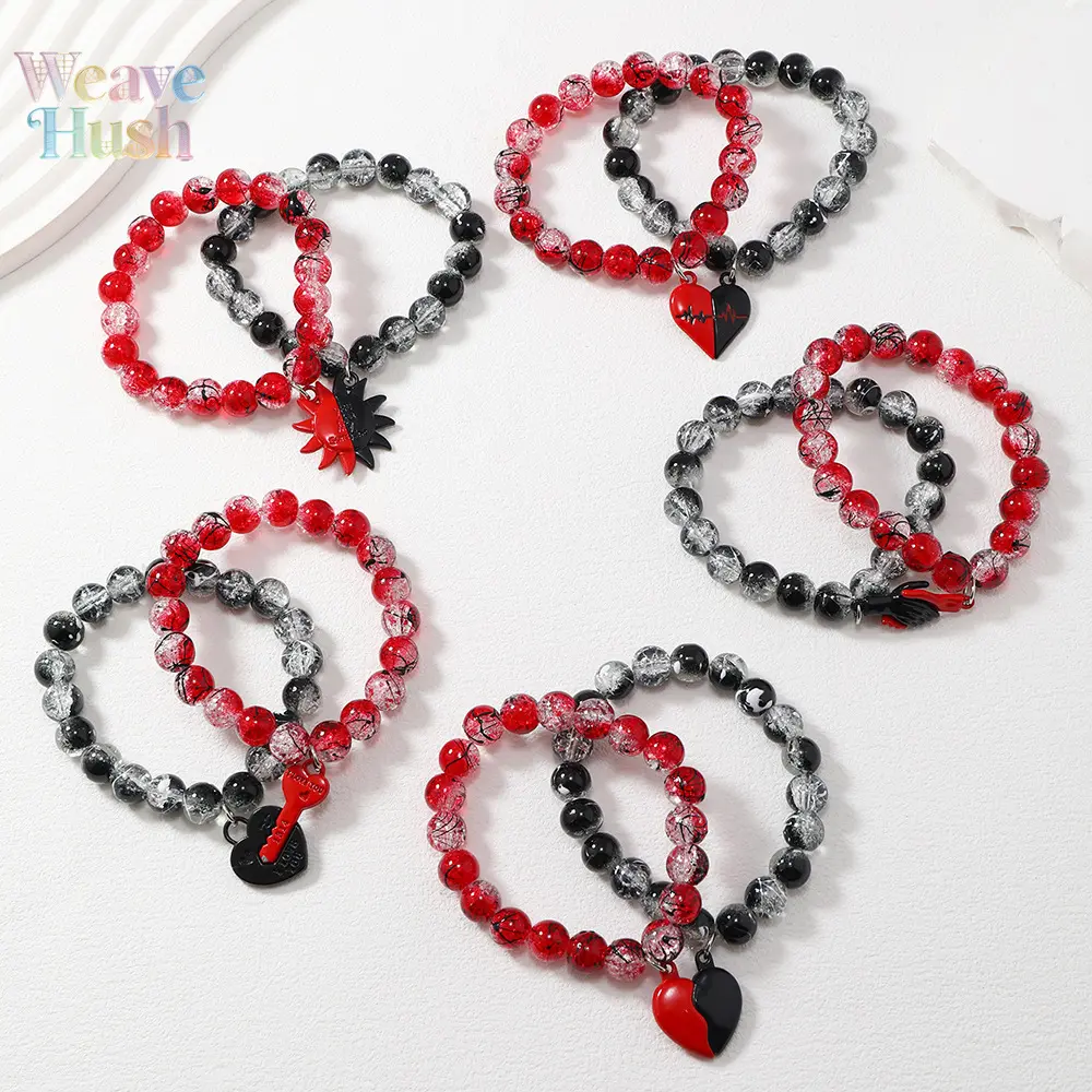New Handmade Matching Pair Beaded Couple Bracelet - Floral Beads, Burst Glazed Accents, Magnet Snap Design, Comfortable DIY Luggage & Bag Accessory for Lovers, Ideal for Daily Matching, Romantic Dates