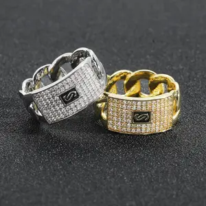 Cuban Link Ring for Men, Gold Plated Iced Out Hip Hop Bling Ring Size 8-12 Streetwear Jewelry Gift