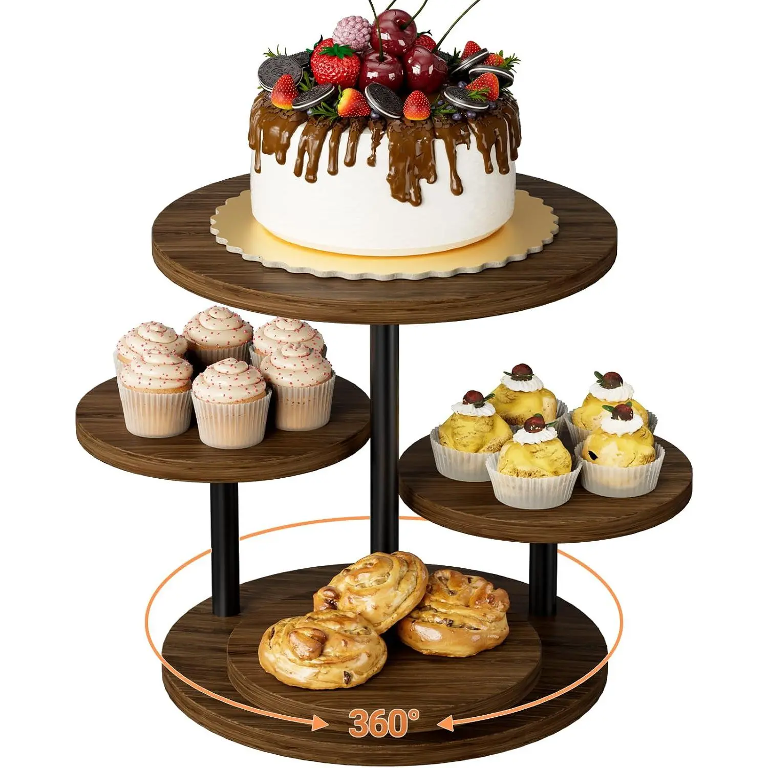 Modern 4-Tiered 360°Rotating Cupcake Holder - 50-Cupcake Capacity, Synthetic Round Serving Trays with Anti-Slip Pads, Walnut Cake Stand for Displaying Desserts at Party Events, Display Desserts