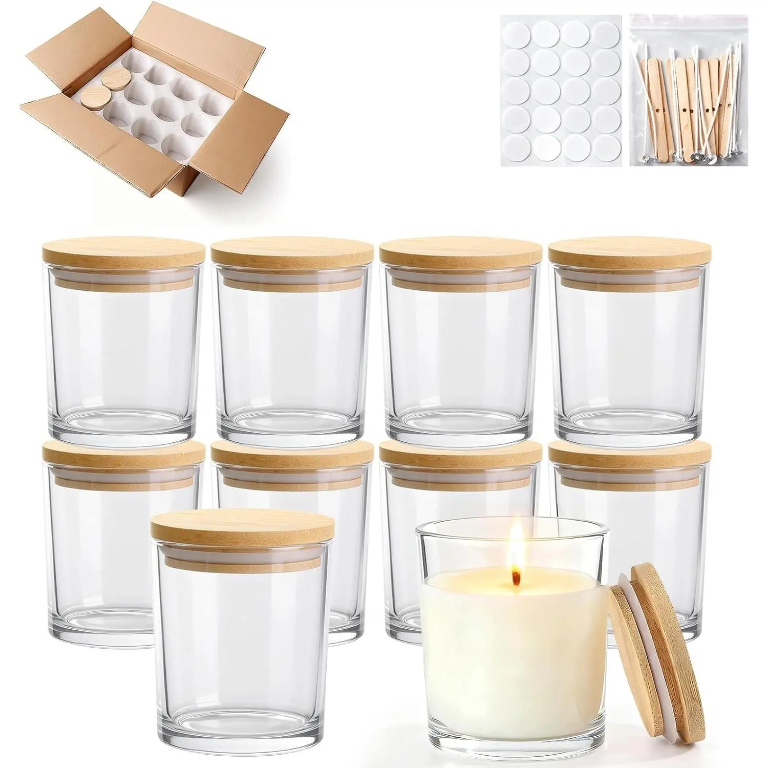 12-Pack 7oz Glass Candle Jars for Making Candles -Clear | Thick Glass, Wide-Mouth Jars with Bamboo Lids & Wick Kits, Multi-layer Foam Package, Empty Candle Containers, Dishwasher Safe