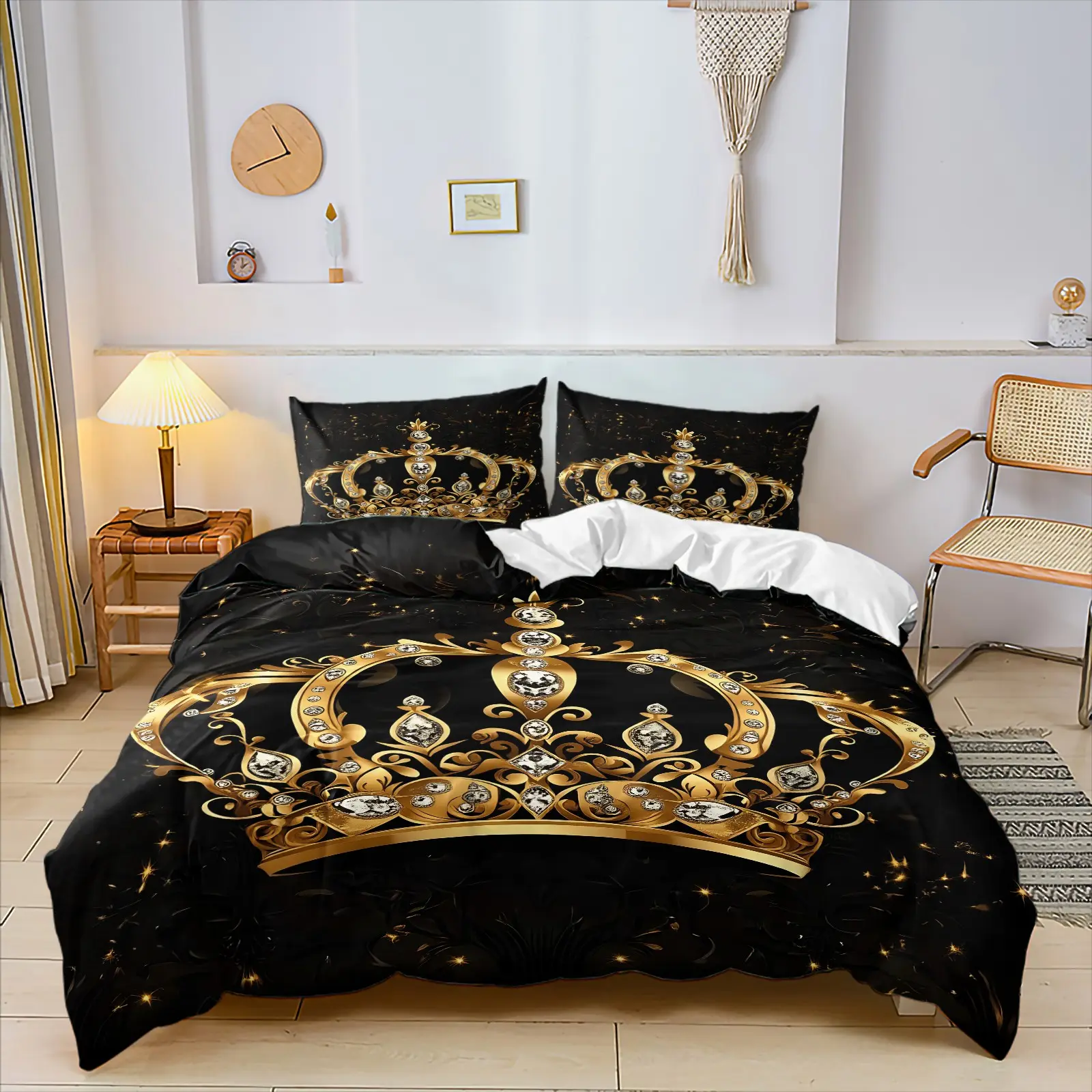European Vintage Gold Gem Crown Duvet Cover Set, Include 1 Quilt Cover and 1/2 Pillowcases, Trendy Black Base Sparkle Diamond Luxury Print Comforter Cover, Premium Noble Bedroom Decor Bedding, Washable No Fading