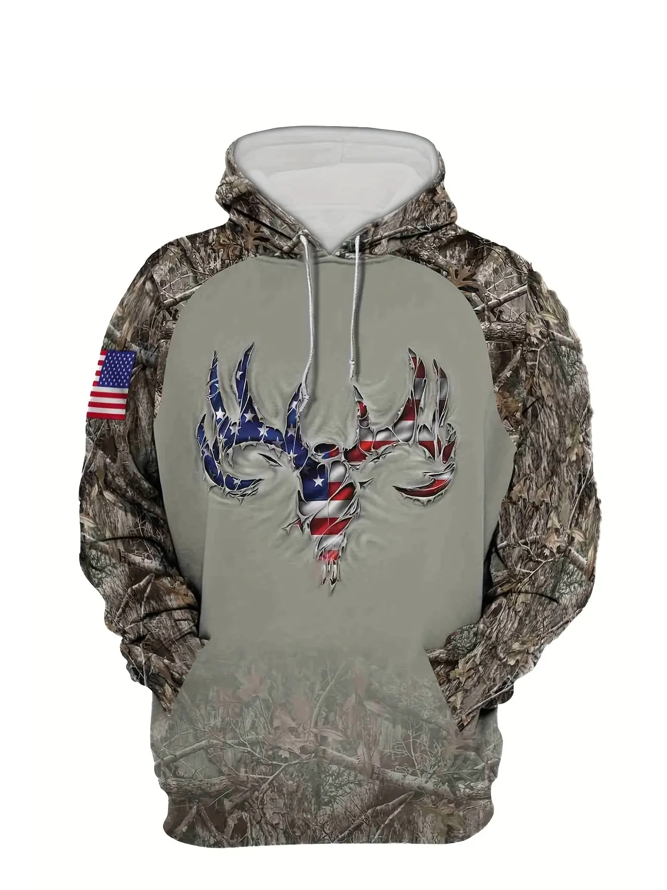 Men'S Fashionable Hooded Sweatshirt With A Design That Combines Camouflage And Personality Elements, Printed With The American Flag Color, Deer Skull Pattern, Camouflage Texture, Flag Decoration, Outdoor American Fashion Style