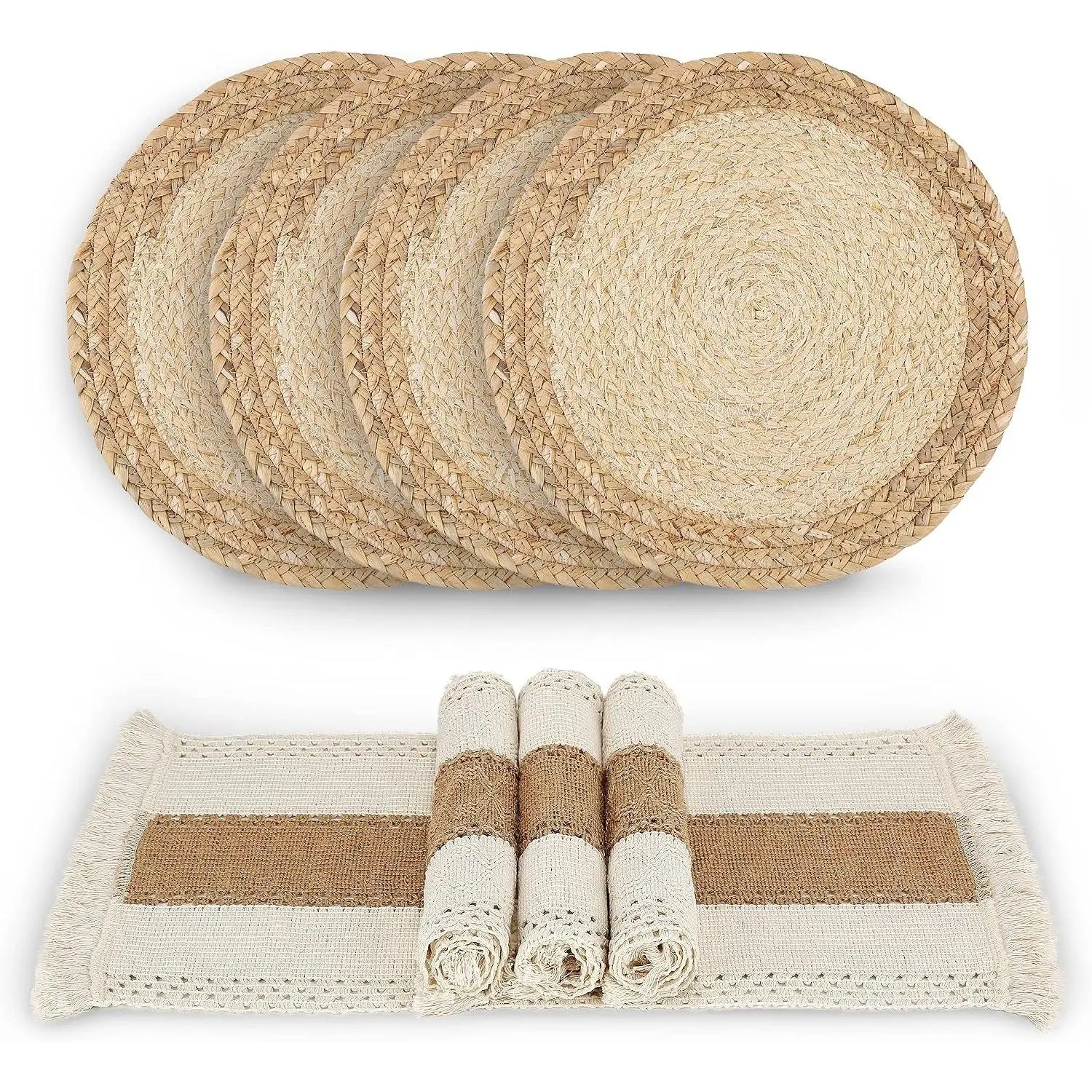 Handmade Boho Tableware Placemats Set of 4 - Natural Cotton Burlap and Water Straw Natural Fibers Woven Combination, Macrame Farmhouse Style, Square/Round with Hollow Stripes for Dining Table Kitchen