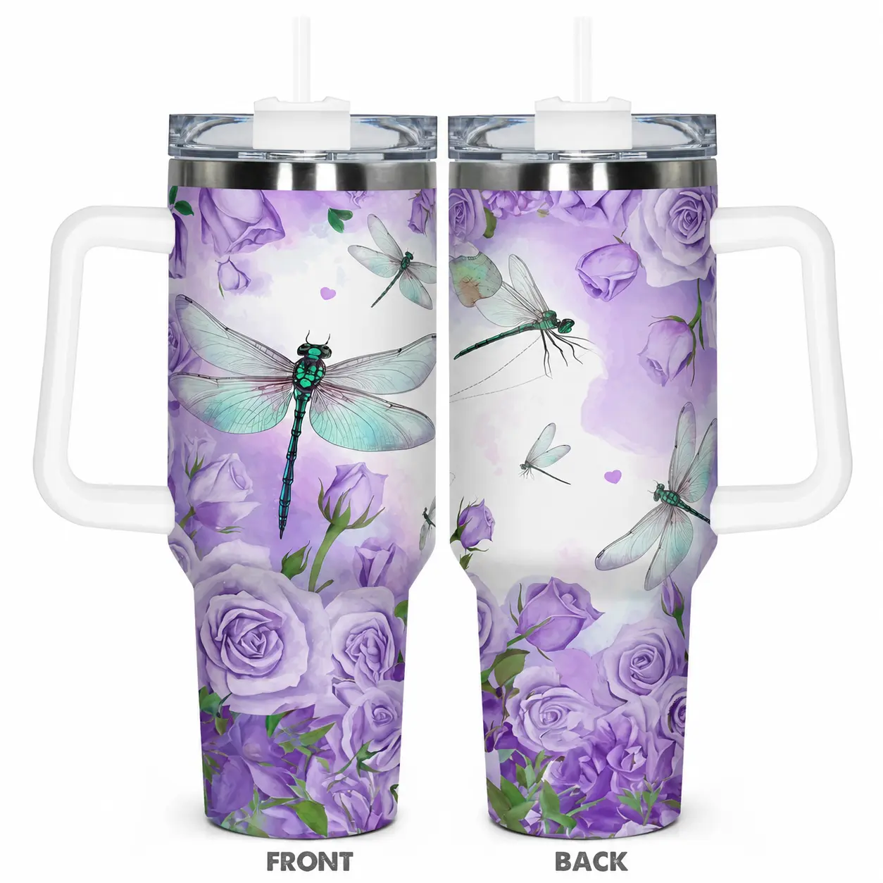40oz Stainless Steel Insulated Tumbler with Handle and Straw - Dragonfly & Purple Rose Floral 2D Print, Reusable Vacuum Flask for Coffee, Iced Tea, Gift for Her