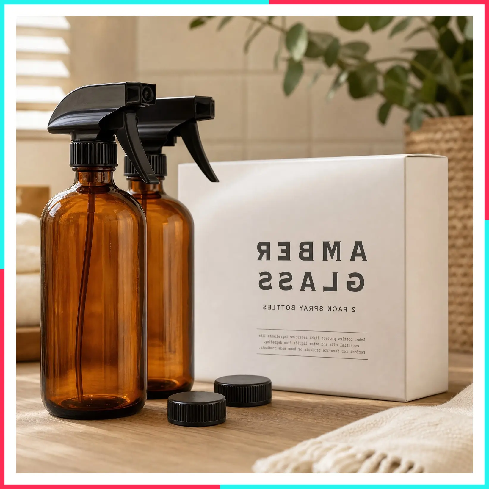 Amber Glass Spray Bottles 2 Pack, 16oz Refillable with Adjustable Nozzle - UV-Blocking Glass, Safe for Essential Oils, Bleach, Vinegar, Mist or Stream