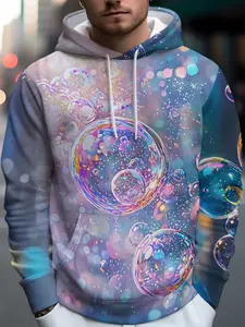 3D Laser Transparent Bubble Light Spot Print Hoodie, Dreamy Healing Casual Long Sleeve Fitted Top, All Seasons Geometric Pattern