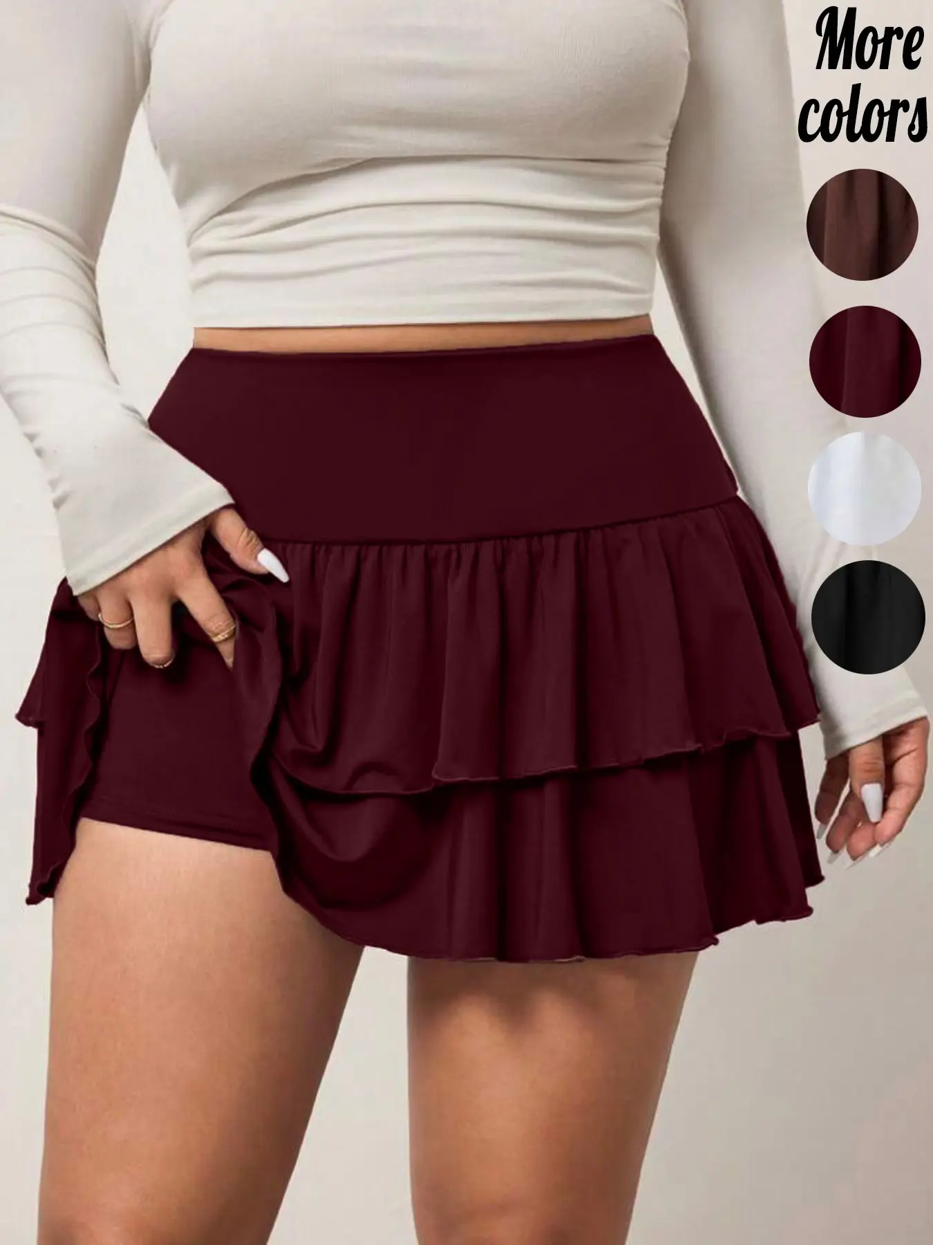 【Plus-Size】1 Piece High Waist Double Layer Ruffle Mini Skort, Y2K Coquette Soft Girl Streetwear Aesthetic, Stretchy Soft Breathable Fabric, Wide Elastic Waistband & Safety Short Liner Detail, For Curvy Women, Perfect for Campus Daily, Tennis Sports