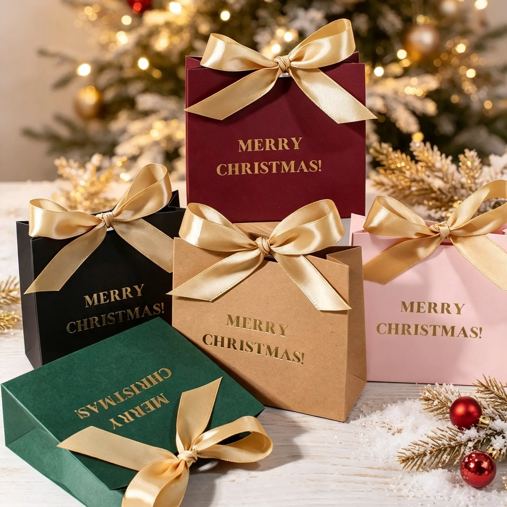 20pcs Christmas Gift Boxes with Ribbon Bow and Gold Foil Swirl Xmas Tree Print, Elegant Favor Boxes for Holiday Party, Wedding, Birthday, Gift Wrapping, Multi Color Decorative Box for Family Friends Kids, Christmas Tree Decoration Packaging Box