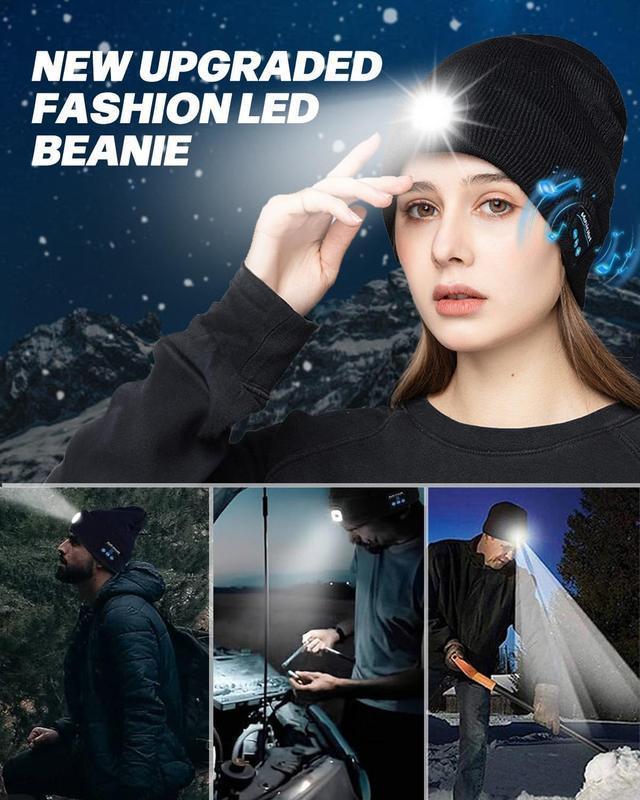 Bluetooth Beanie with a Light, Unisex USB Rechargeable 4 LED Fashlight Hat with Cordless Headphones, Unique Christmas Birthday Gifts for Men Him Husband Teen