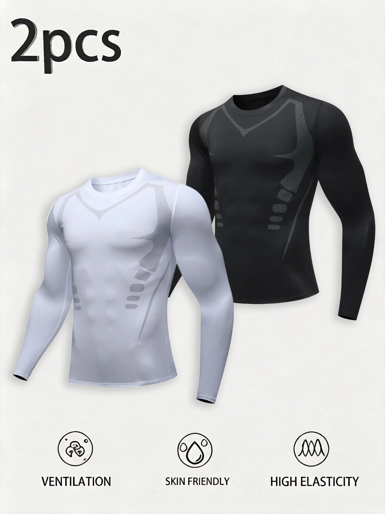 Men's 2-Pack Asymmetrical Striped Compression Tops, Long Sleeve Sportswear, Moisture-Wicking Base Layer, Ideal for All Seasons