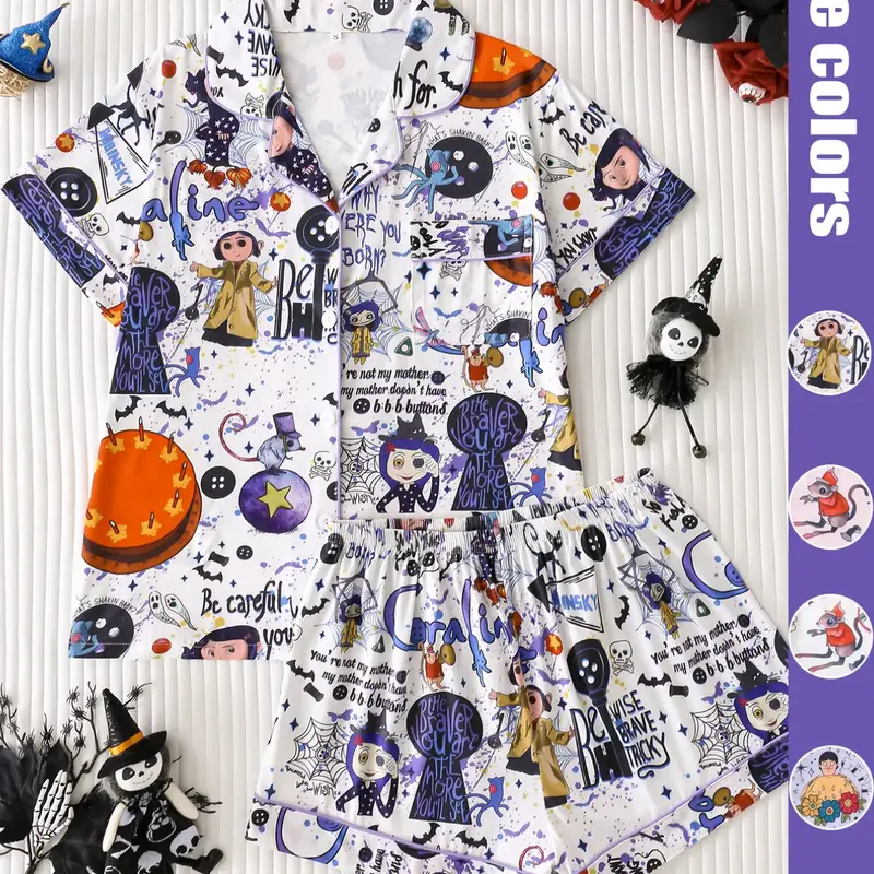 Two-Piece Cartoon Fantasy Print Women's Pajama Set Loungewear, Soft Stretch Knit Fabric, Collared Button Short Sleeve Top + Shorts, Elegant Sleepwear