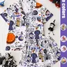 Two-Piece Cartoon Fantasy Print Women's Pajama Set Loungewear, Soft Stretch Knit Fabric, Collared Button Short Sleeve Top + Shorts, Elegant Sleepwear