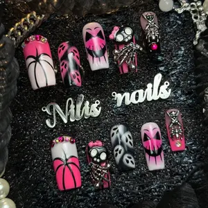 10pcs Handmade Fully Medium Square Pink Black Halloween Pumpkin Ghost Press On Nails,Hot Pink nails,Y2K Gothic Spooky style False Nail,Reusabl,Suitable For Halloween Cosplay,Theme Party,Punk Club,Campus Daily Styling,With Jelly Glue And Nail File