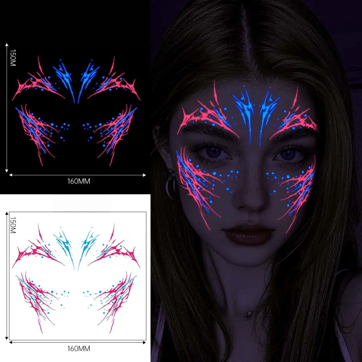 Glow in Dark Facial Temporary Transfer Stickers, Luminous Eye Decor Tattoo Stickers, Waterproof Fluorescent Face Stickers for Rave Club Parties