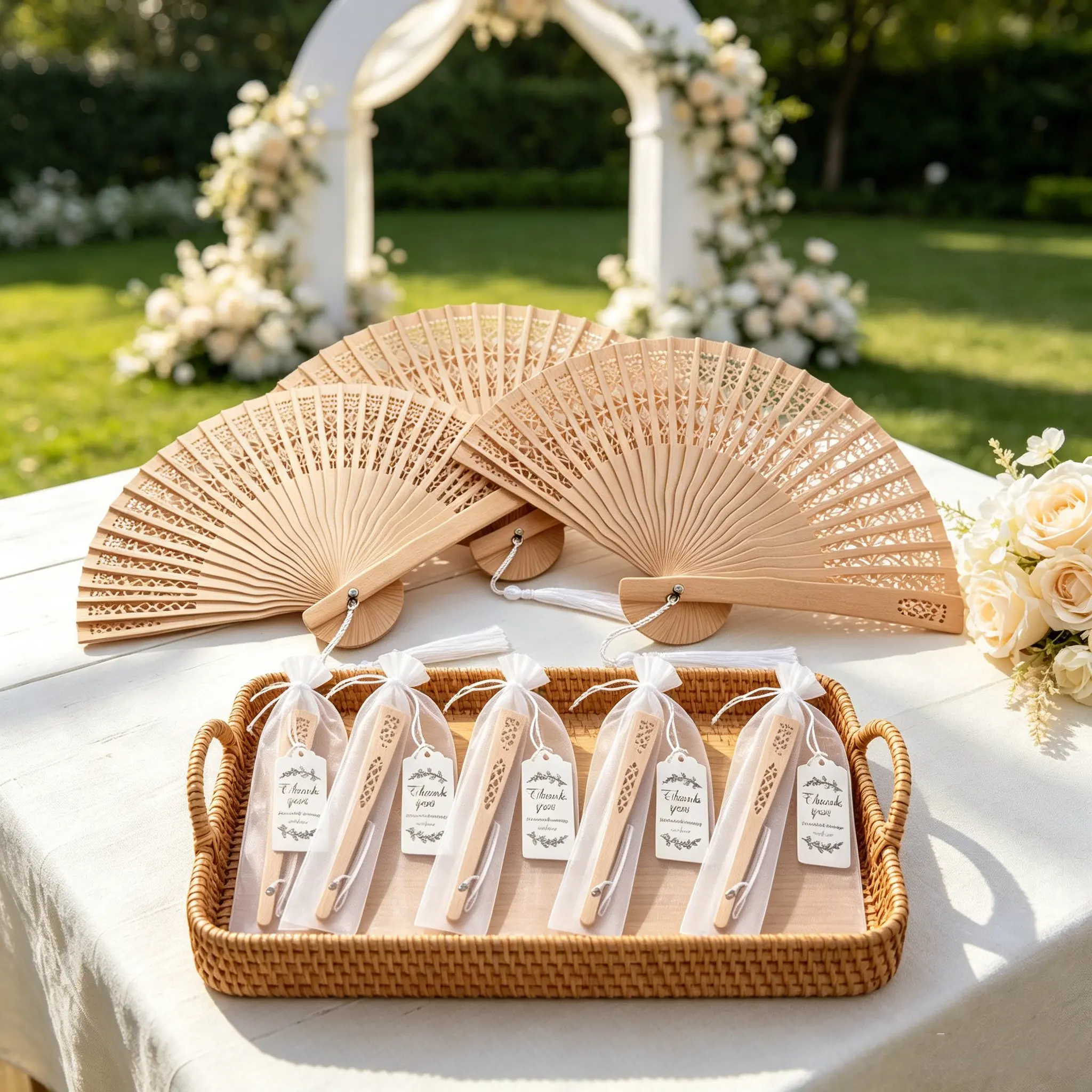10 Pack Natural Wooden Hollow Folding Hand Fans Complete Gift Set with Organza Pouches, Tassels & Thank You Tags, Bulk Wedding Bridal Shower Engagement Party Guest Favor Souvenir Decorations