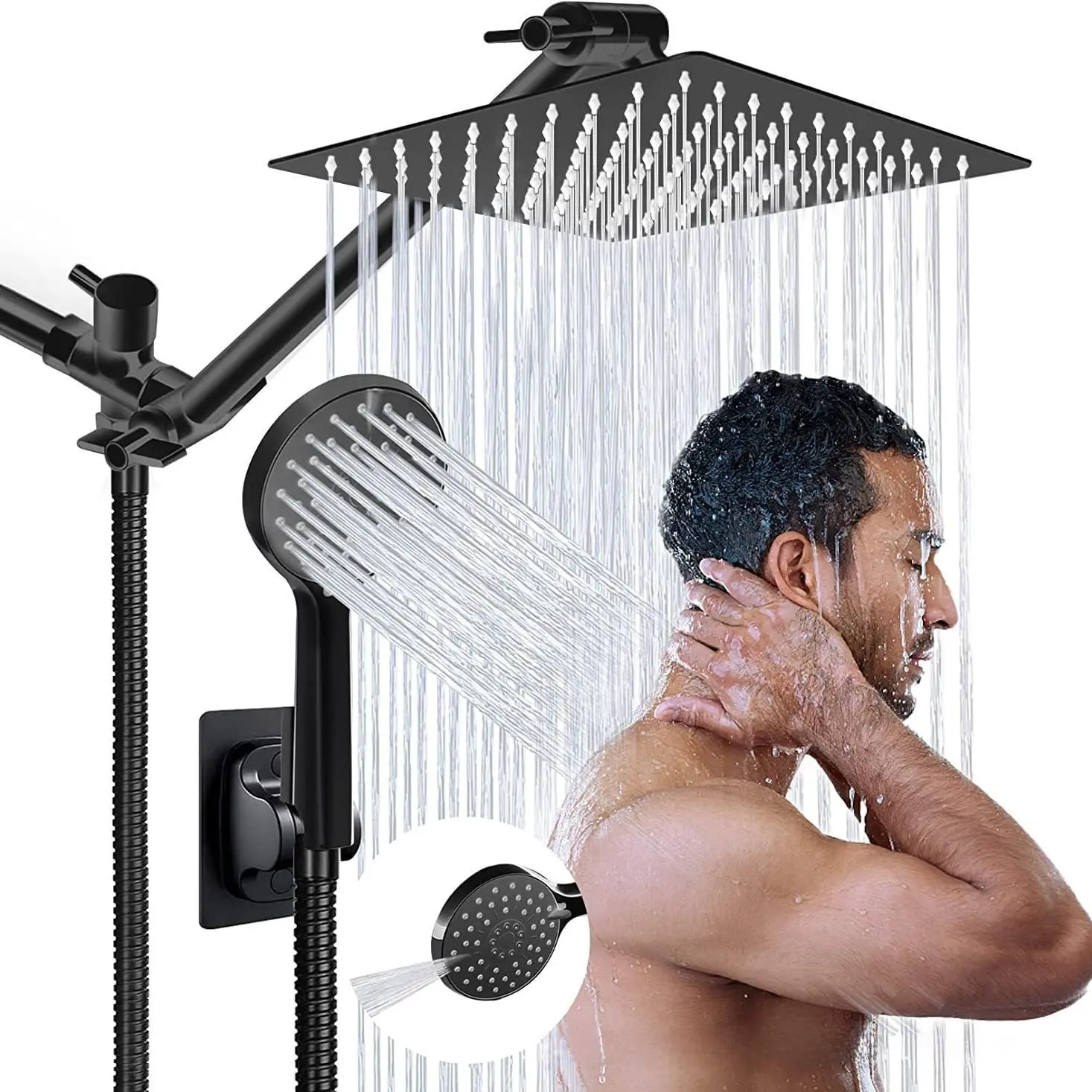 Home Use 8 Inch Rain Shower Head Set, 11 Inch Adjustable Extension Arm, 5 Modes Handheld Shower, Low Pressure Boost Bath Shower Combo