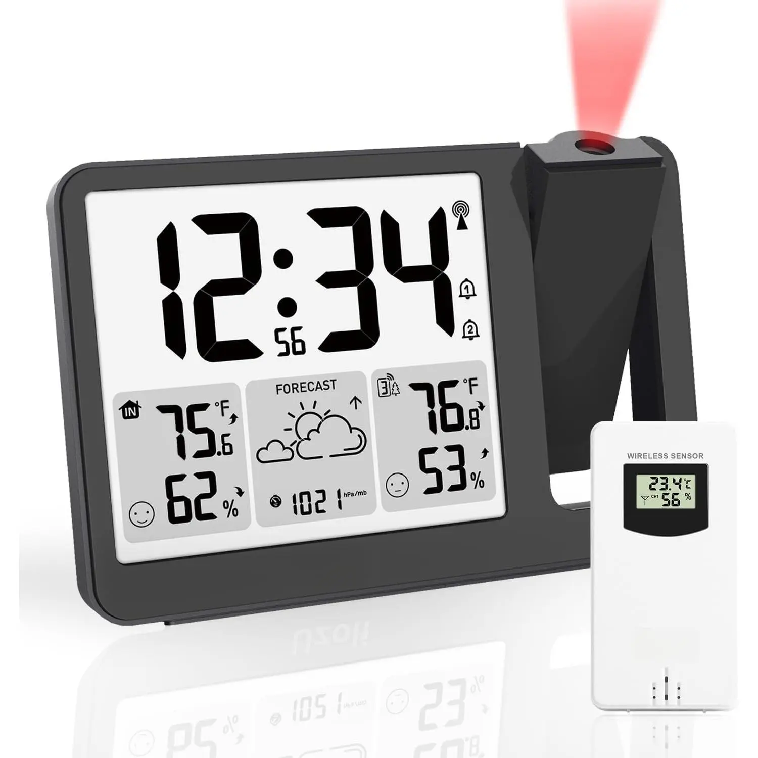 EM3539E Projection  Clock, WWVB Atomic Projector Clock for Bedroom Ceiling, Projection Clocks with Sensor, Adjustable Backlight, Indoor Outdoor Temperature Humidity,  Alarms