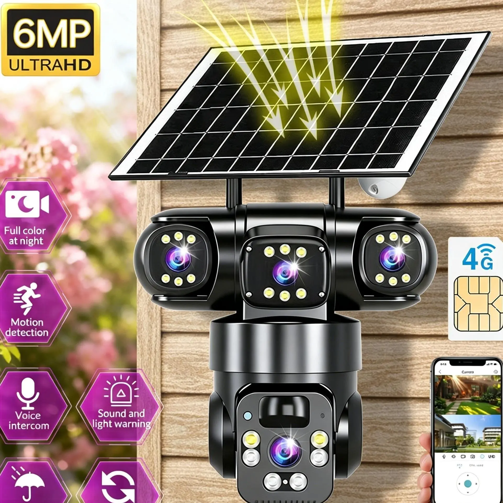 【BackToSchool】6MP Solar Panel Camera Security, Dual Lens, 180° Pan-Tilt, 10x Zoom, 4G Cellular, 8000mAh Lithium Batteries, IP66 Waterproof Wireless CCTV for Home & Garage, Security Camera