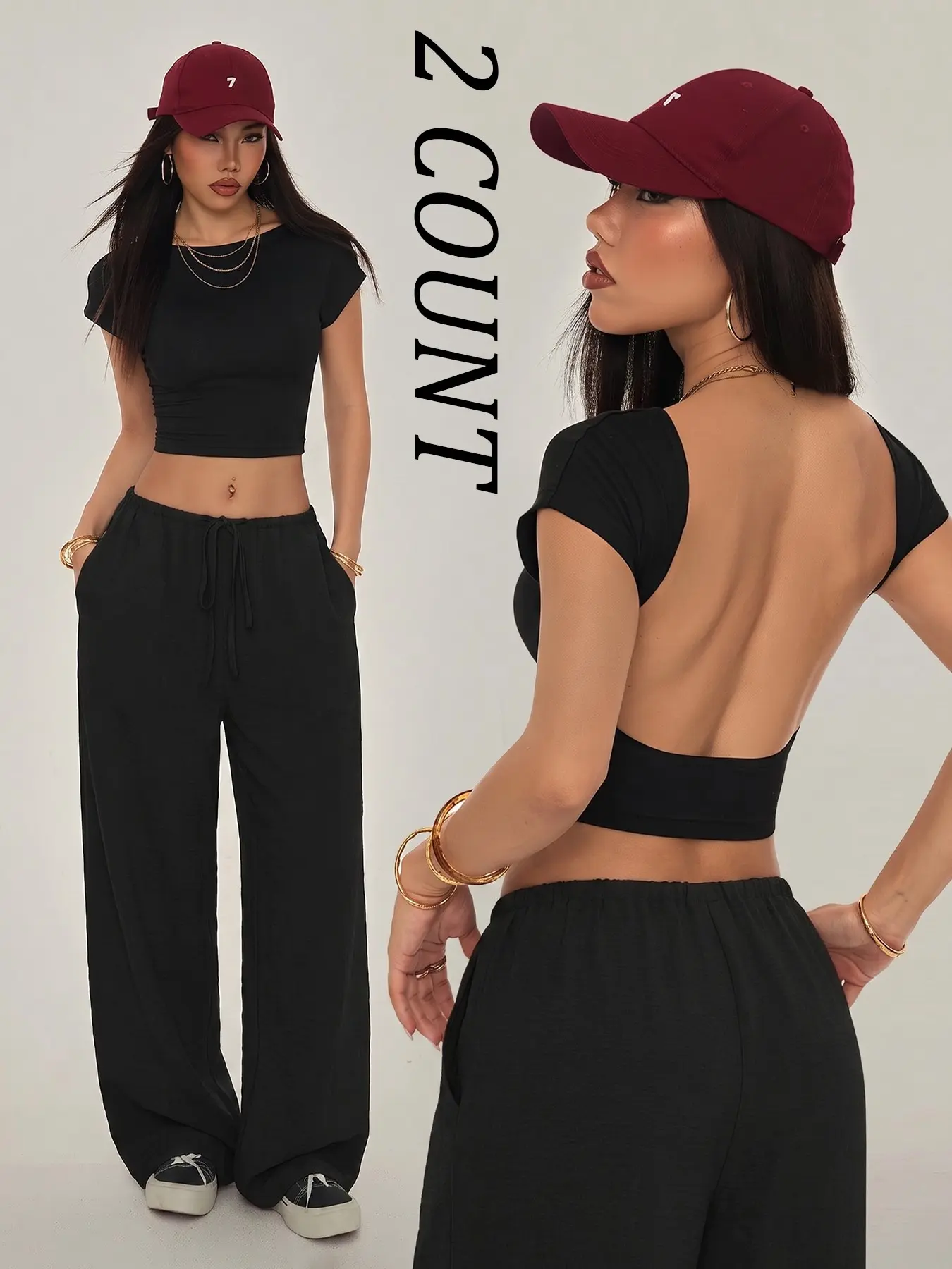Y2K Street Skater Women’s Solid Black, Adjustable Matching Loungewear Set, Reversible Crew Neck Short Sleeve Backless Ruched Crop Top & Elastic Drawstring Wide Leg Floor Length Pants Co Ord, Soft Stretch Knit Casual Outfit For Campus Dai