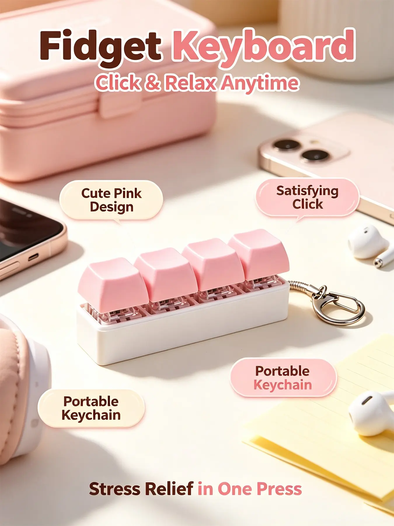 4‑Key Fidget Keyboard Keychain, Clicker Mechanical Switch Fidget Toy, Portable Stress Relief Clicking Toy With Carabiner, Y2K Preppy Aesthetic Backpack Bag Pendant, Cute Sensory Fidget Gadget Gift For Teens Keyboard Lovers, Cute Keychains
