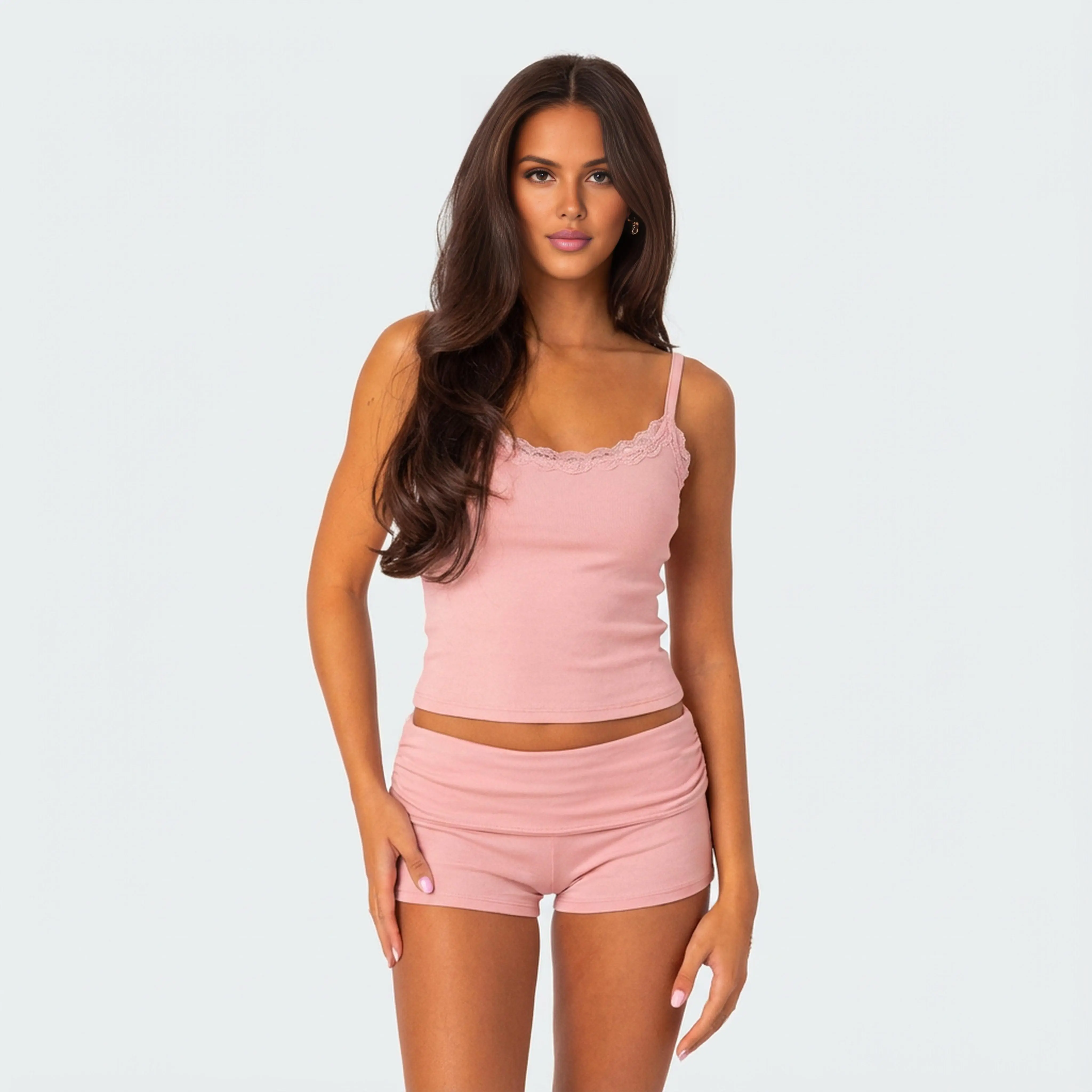 KatchMe Women's Minimalist Thin Strap Solid Color Lace Trim Camisole & Folded Waist Shorts Co-ord, Basic Top & Stretch Shorts Ribbed Two Piece Outfits