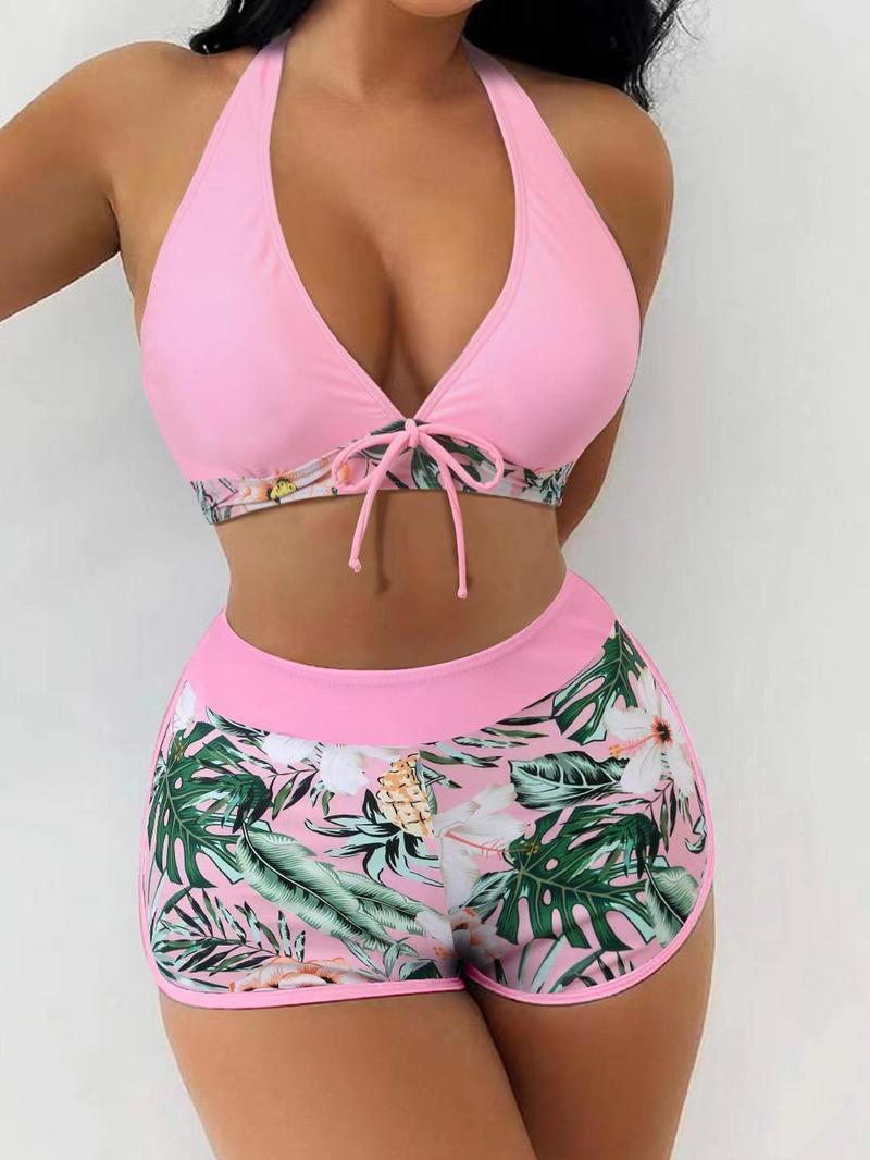 Women’s Tropical Print Tie Front Tankini Set – Two-Piece Halter Swim Top & Shorts for Summer Beach & Vacation Drawstring Bathing Suits