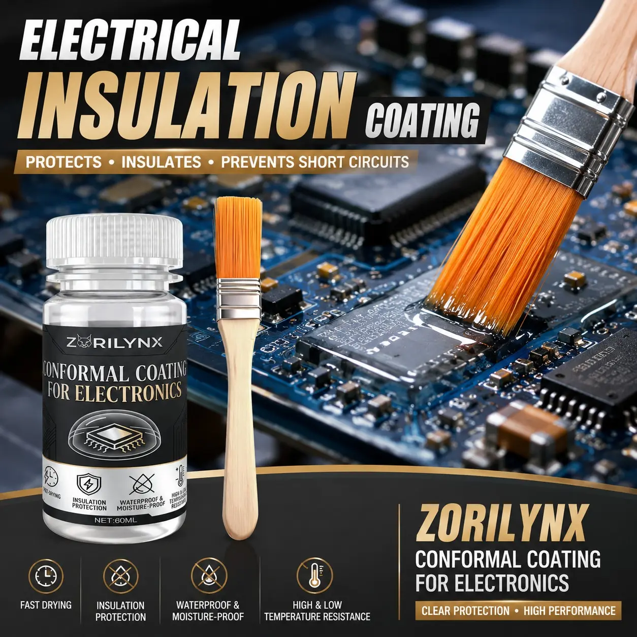 ZORILYNX 60ml Conformal Coating for Electronics Professional Insulating Varnish Waterproof Moisture-Proof Liquid Protective Paint for PCB Circuit Board Motor Wire Repair High Temperature Resistant Fluid