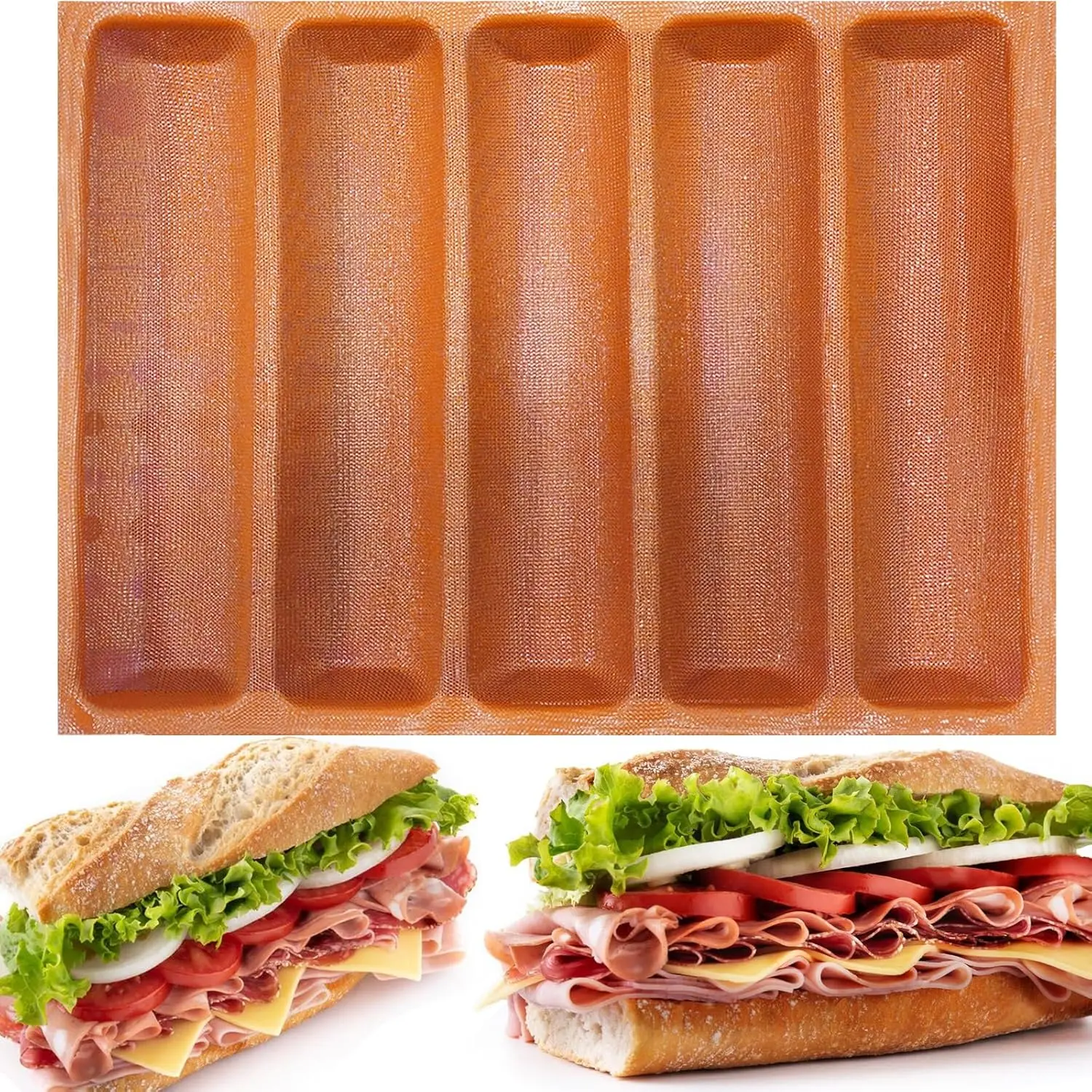 Silicone Perforated Baking Forms Sandwich Mold French Baguette Bread Pan Food Mat 5 Loaf Non-Stick Baking Liners (Orange)