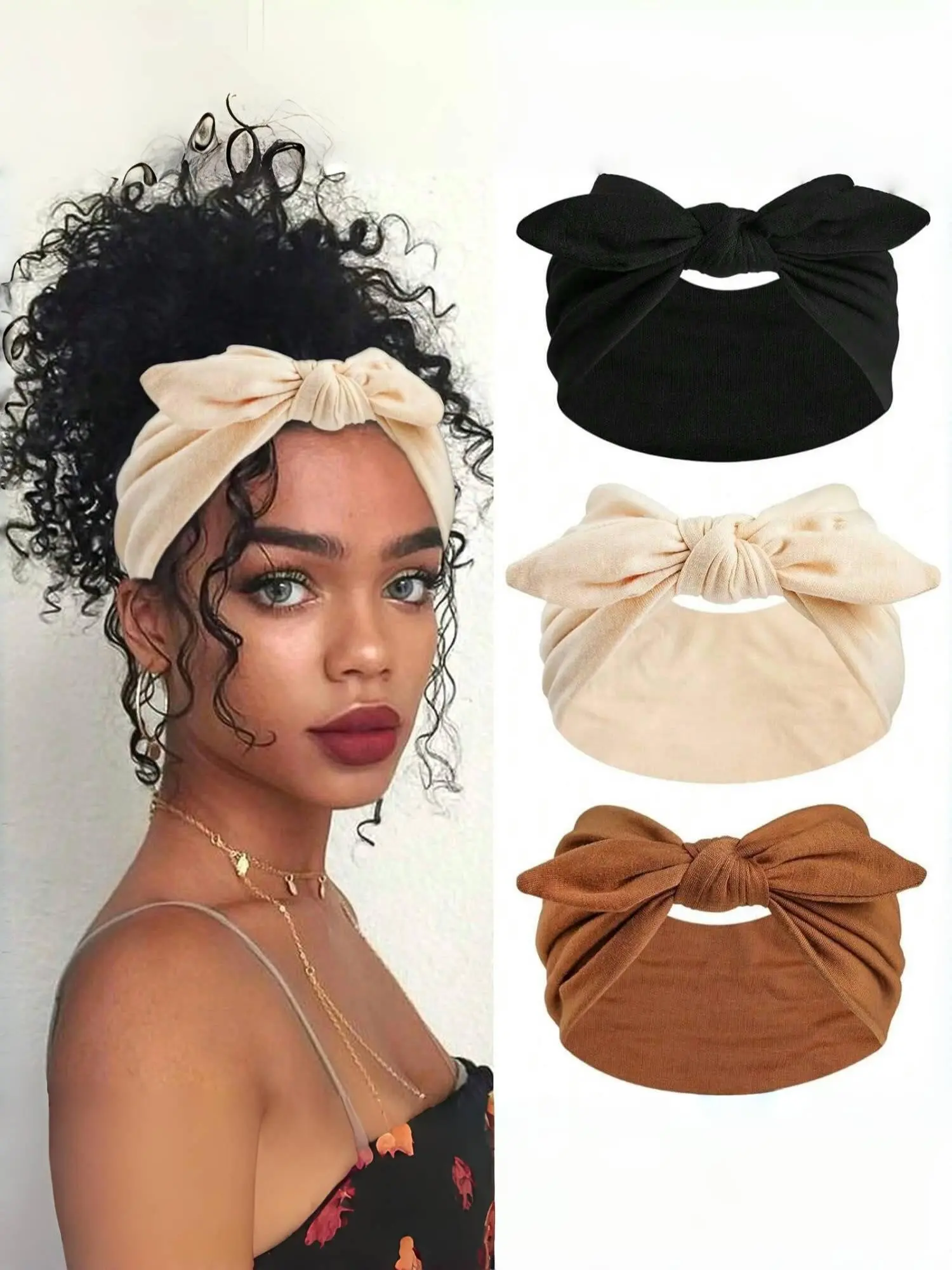 3pcs Women’s Bowknot Rabbit Ear Headbands, Boho Stretch Headbands, Extra Wide Knotted Headband, Paisley Pattern, Elastic Hair Accessories for Yoga, Sports & Outdoor