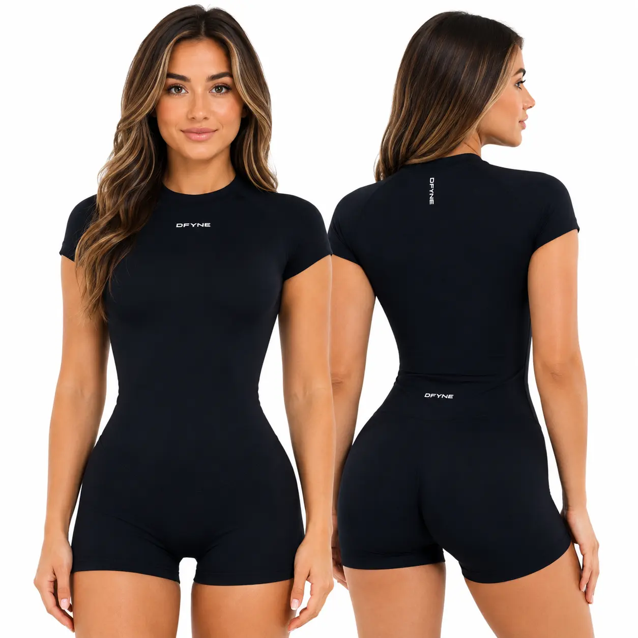 DFYNE Women’s 2-Piece Seamless Gym Wear Set - Short Sleeve Sculpting Top, High Waisted Curve-Enhancing Butt-Lifting Biker Shorts for Yoga, Workout