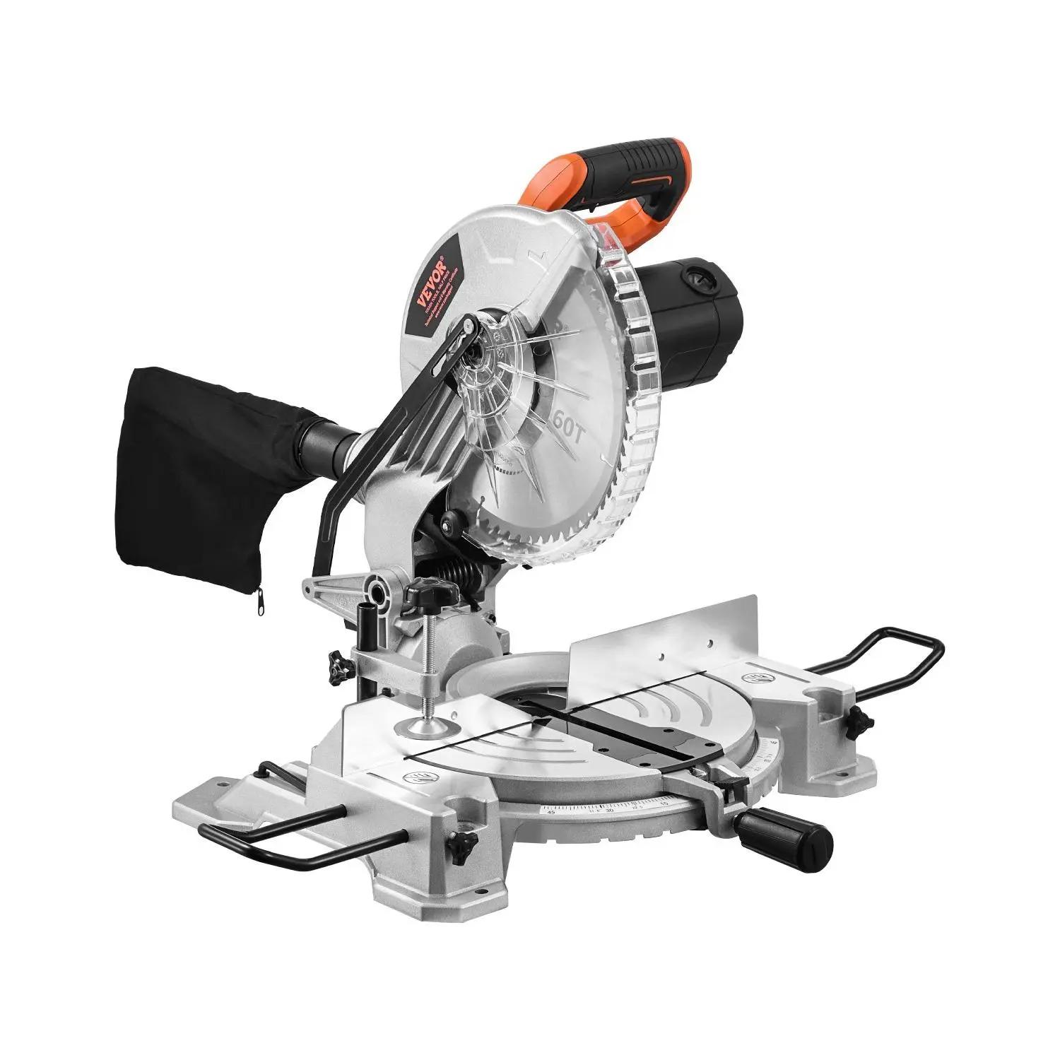 VEVOR Compound Miter Saw, 10-Inch Blade, 15 Amp Motor, 60-Tooth, Corded Single Bevel 0-45°, LED Precision Alignment, Angle Adjustable, Lightweight Cast Aluminum Base, for Wood, Composite Decking
