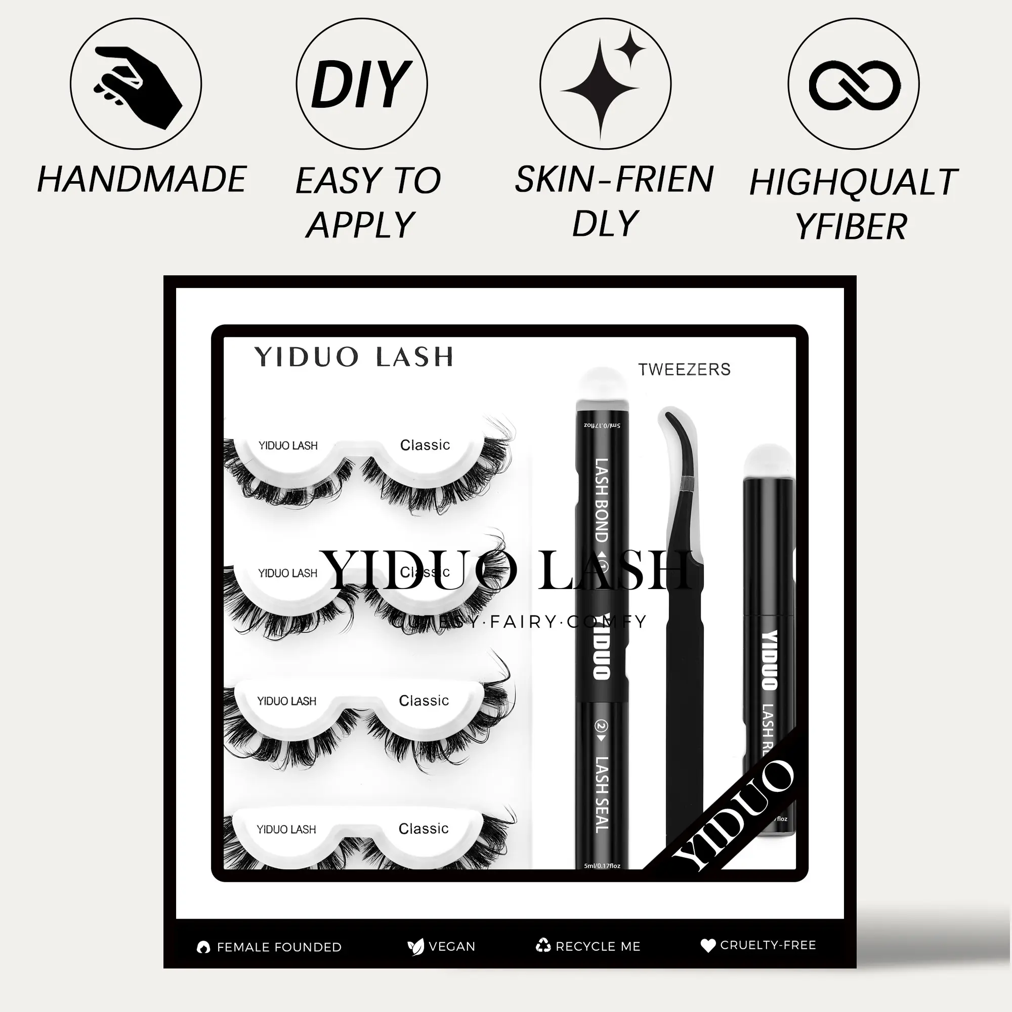YODUO-Starter Lash Clusters Kit Fox Eyes - Easiest to Apply Lashes - 10-Day Cluster Eyelash Extensions - 4 Sets with False Bond & Seal, Remover, Tweezers