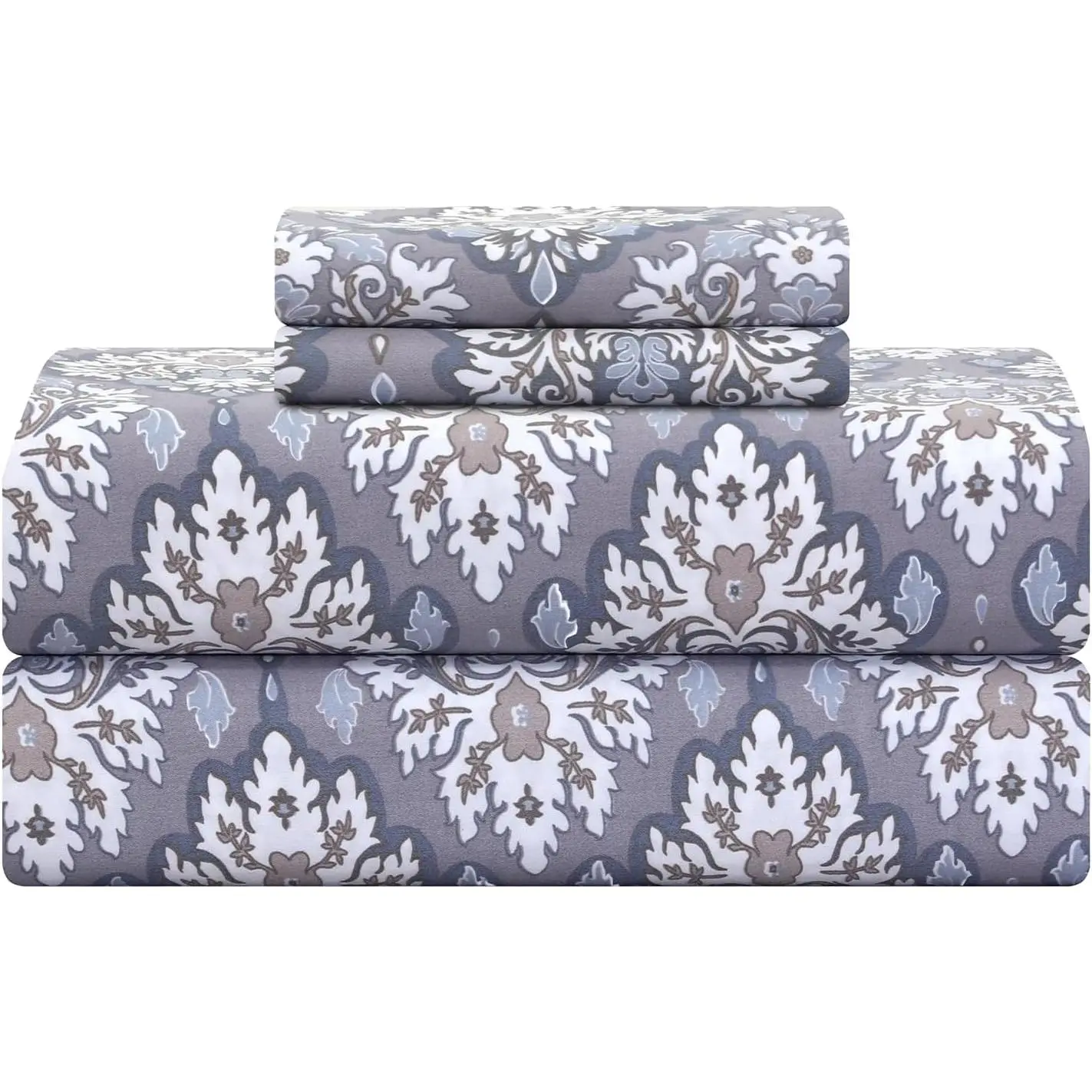 Feather & 300TC Queen Size 100% Cotton Sateen Weave Printed Sheet Set, Cooling & Breathable Bed Sheets Set, 4 Piece 16" Elastic Deep Pockets, Soft Hotel Quality- Queen, Vintage Damask