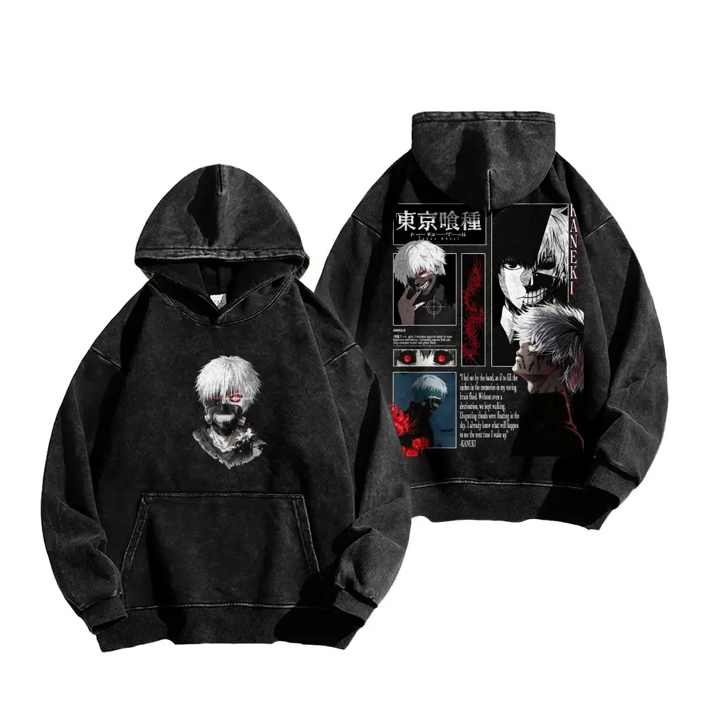 Men Women Multiple Color Vintage Distressed Washed Hoodie Kaneki Ken Tokyo Ghoul Double Sided Manga Print Streetwear Oversized Pullover Sweatshirt