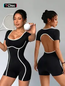 Women's Colorblock Hollow Out Backless Summer Knit Yoga Jumpsuit, Casual Long Sleeve Slim Fit, Daily Fashion Home Office Wear