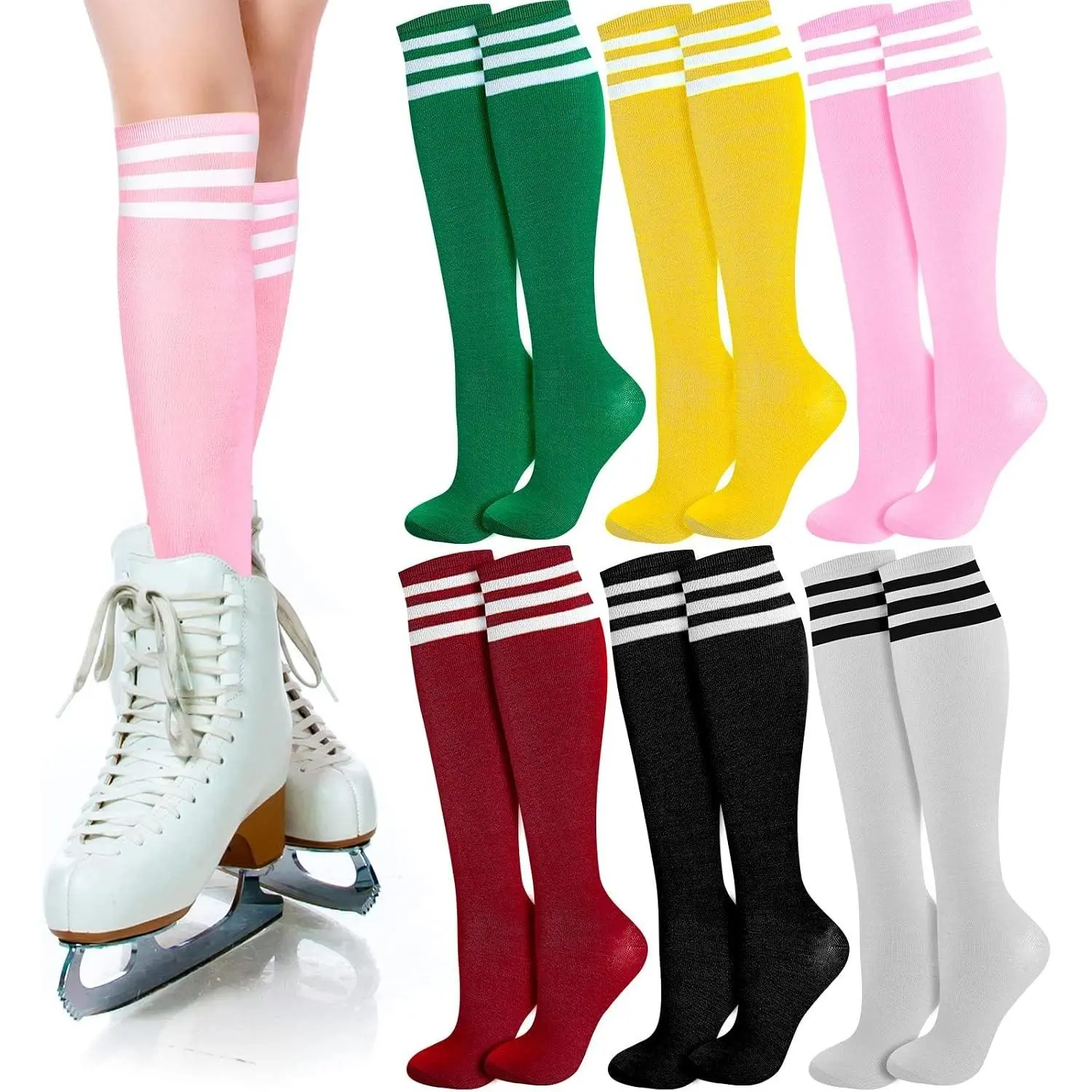 6 Pairs Women's Knee High Striped Socks, Thin Athletic Long Tube Socks for Soccer, Basketball, Cheerleading, Roller Skating, Team Uniforms & Daily Wear