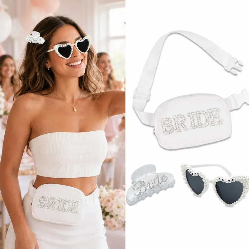 3-Piece Bride Accessory Set with Rhinestone Clip, Heart Shape Sunglasses & Polyester Fanny Pack - Bachelorette Celebration Gift, Pearl, Wedding, Adjustable