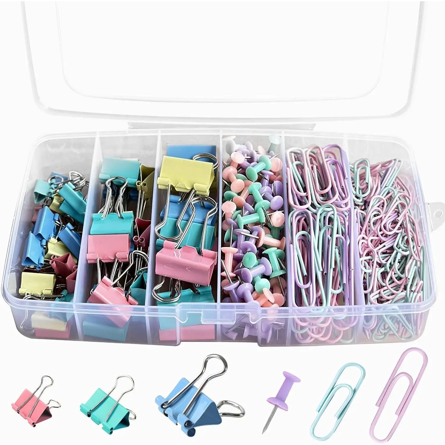 Colorful Paper Clips Binder Clips Set, 300 count  Sizes Binder Clips & Paper Clips Small Medium Large, Pastel Claps and Push Pins Office Supplies Kit for Paper Work and School Teacher Use